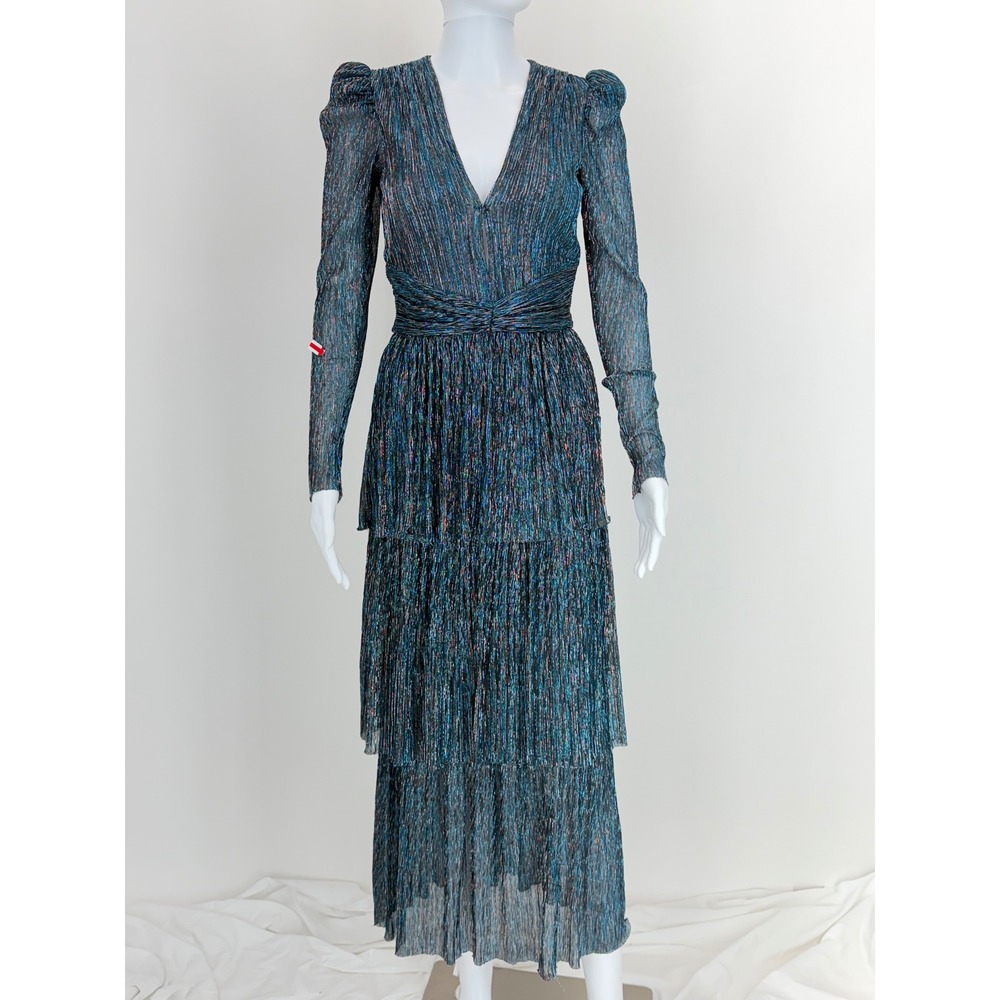 Sabina Musayev Pleated Carry Dress Teal Metallic Tiered Midi V-Neck XS - Picture 3 of 8
